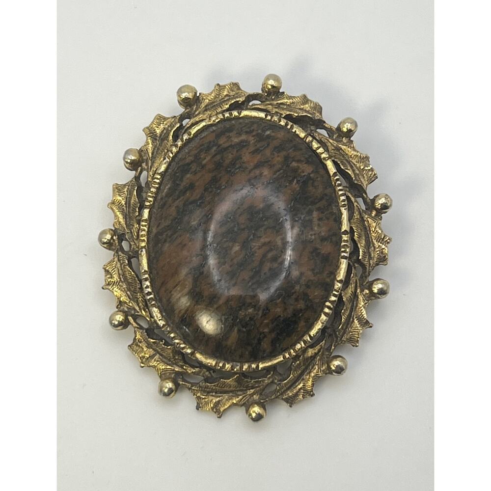 Vintage Gold Tone Brown Natural Stone Heavy Costume Pendant Brooch Large READ
